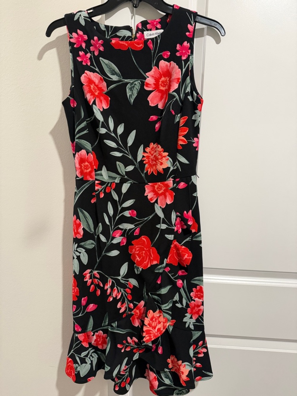 Calvin Klein Black Floral Sleeveless Sheath Dress with Red & Pink Blooms